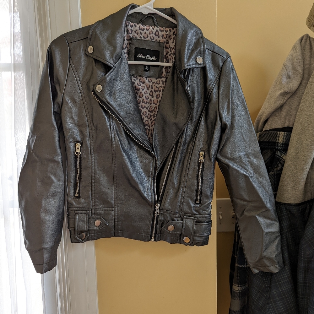 Girls Size 10 Motorcycle Jacket, metallic gray, Stitch Fix Kids